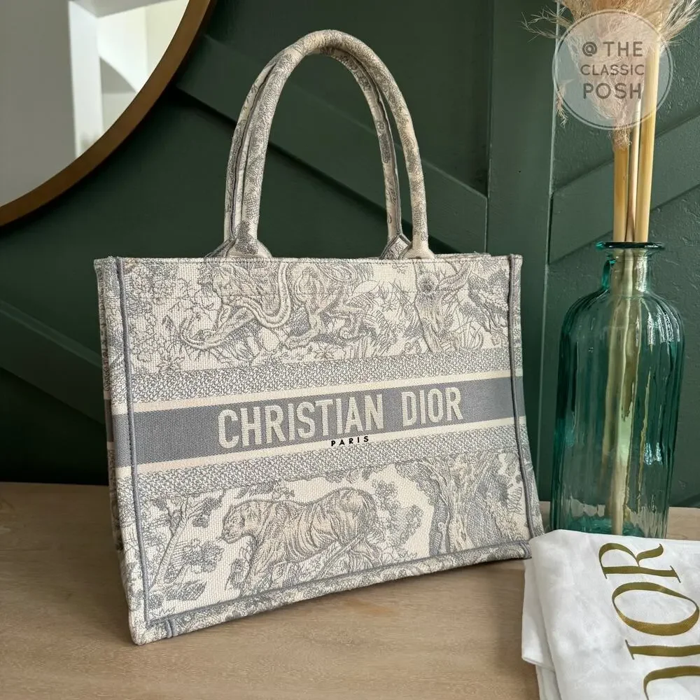 EUC Christian Dior Book Tote Toile De Jouy Ecru Gray Medium